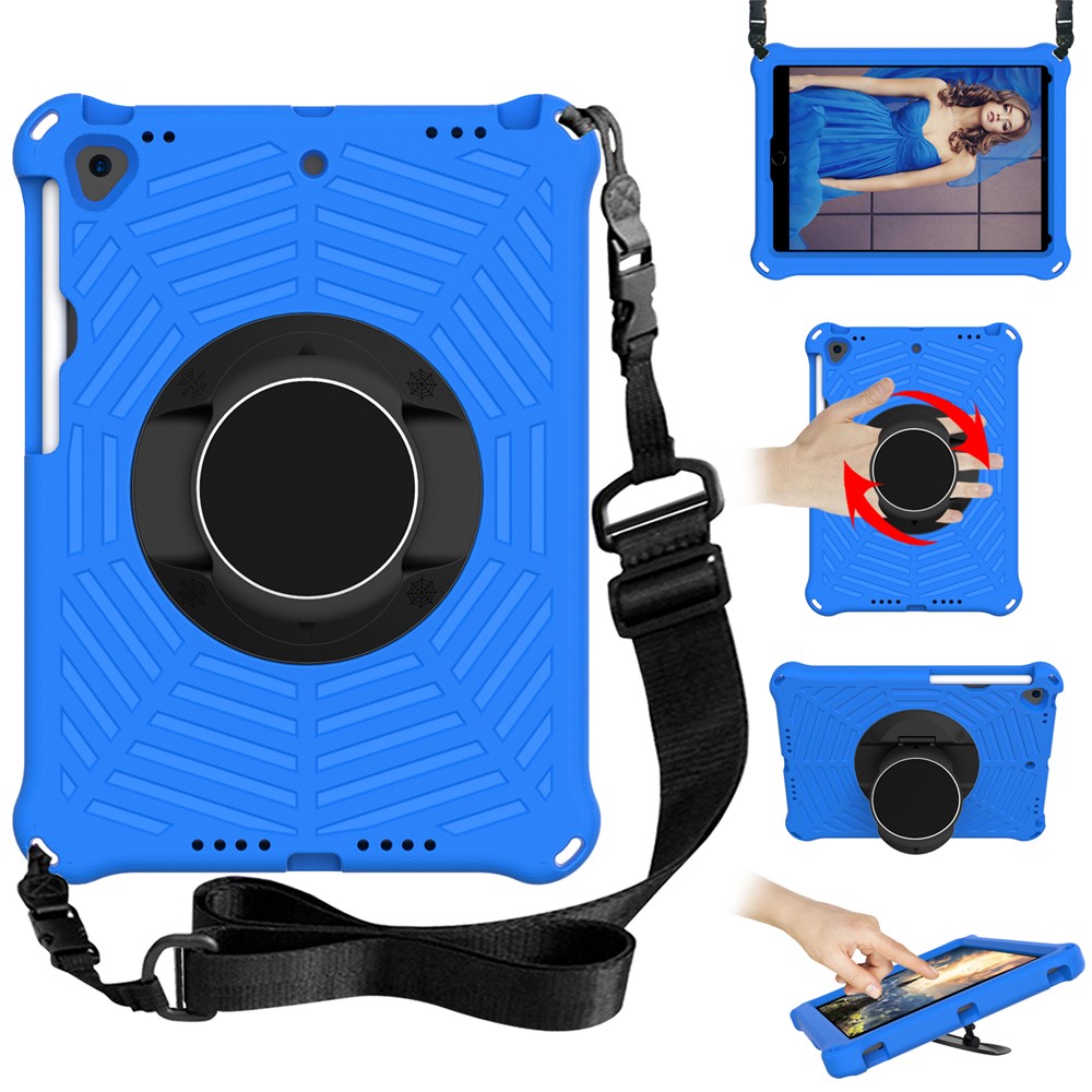 For iPad 10.2 (2021) / (2020) / (2019) Kids Spider Web Texture Tablet Case Sturdy EVA Rotation Kickstand Cover with  Shoulder Carrying Strap - Blue