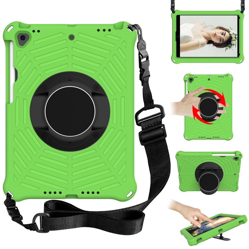 For iPad 10.2 (2021) / (2020) / (2019) Kids Spider Web Texture Tablet Case Sturdy EVA Rotation Kickstand Cover with  Shoulder Carrying Strap - Green
