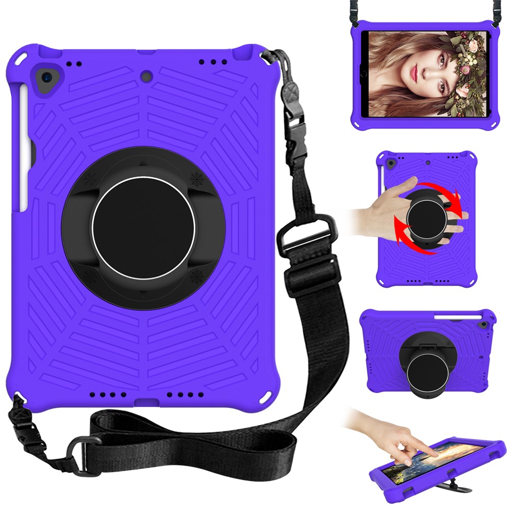 For iPad 10.2 (2021) / (2020) / (2019) Kids Spider Web Texture Tablet Case Sturdy EVA Rotation Kickstand Cover with  Shoulder Carrying Strap - Purple