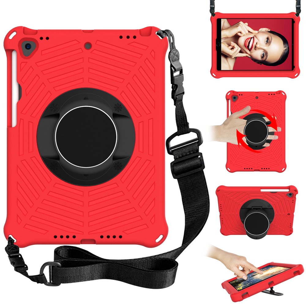 For iPad 10.2 (2021) / (2020) / (2019) Kids Spider Web Texture Tablet Case Sturdy EVA Rotation Kickstand Cover with  Shoulder Carrying Strap - Red