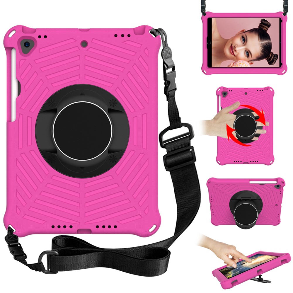 For iPad 10.2 (2021) / (2020) / (2019) Kids Spider Web Texture Tablet Case Sturdy EVA Rotation Kickstand Cover with  Shoulder Carrying Strap - Rose