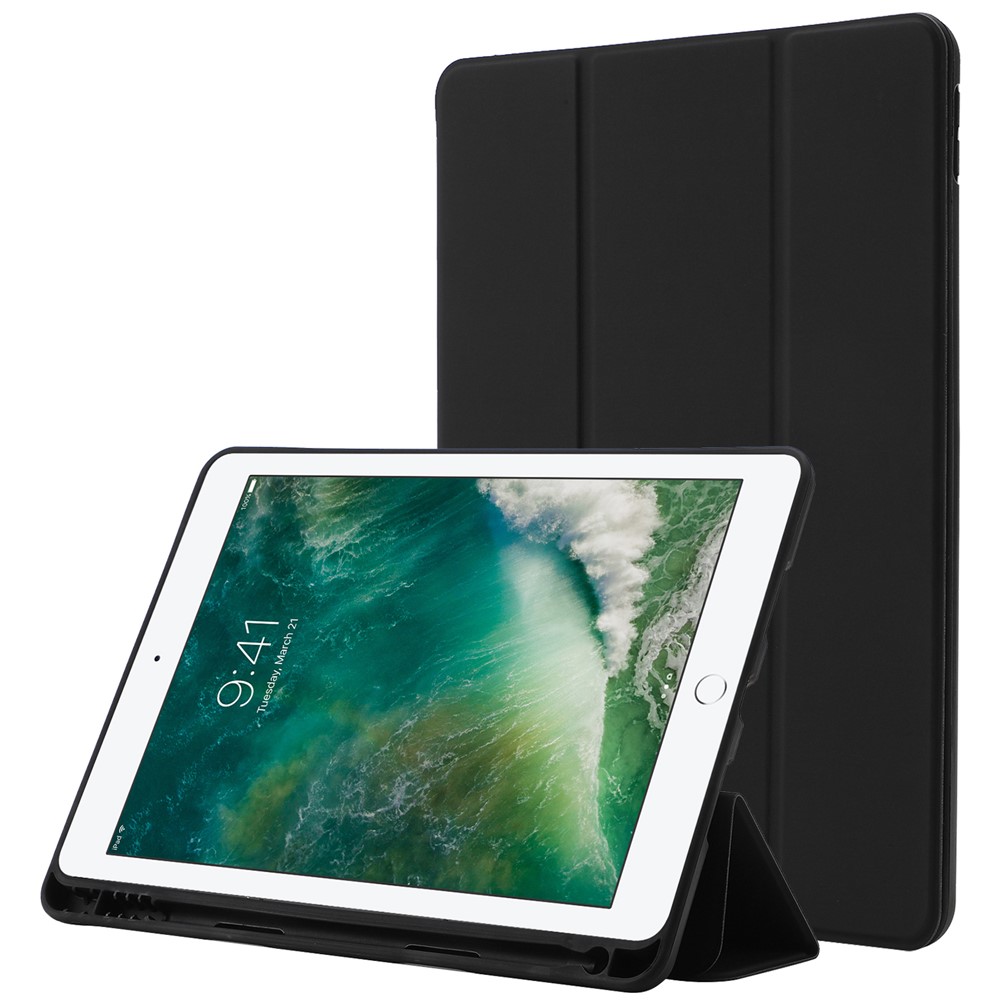 For iPad 10.2 (2021) / (2020) / (2019) Skin-touch Feeling PU Leather + TPU Tri-fold Stand Cover Anti-drop Tablet Case with Pen Slot - Black