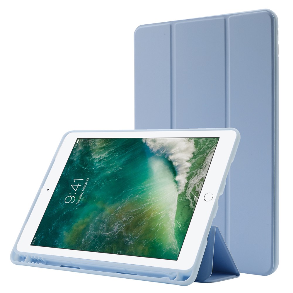 For iPad 10.2 (2021) / (2020) / (2019) Skin-touch Feeling PU Leather + TPU Tri-fold Stand Cover Anti-drop Tablet Case with Pen Slot - Baby Blue
