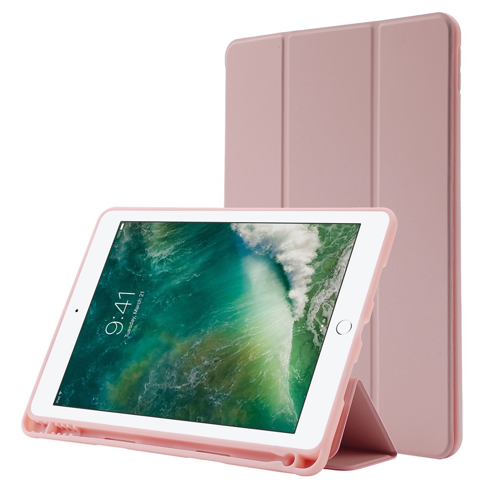 For iPad 10.2 (2021) / (2020) / (2019) Skin-touch Feeling PU Leather + TPU Tri-fold Stand Cover Anti-drop Tablet Case with Pen Slot - Rose Gold