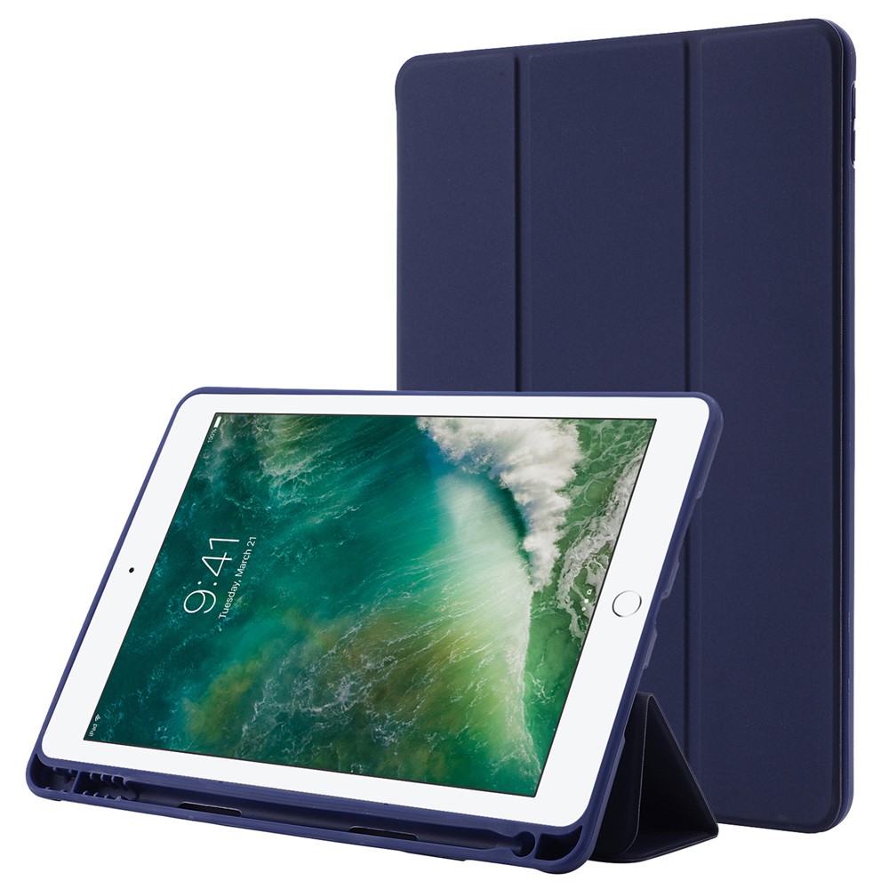 For iPad 10.2 (2021) / (2020) / (2019) Skin-touch Feeling PU Leather + TPU Tri-fold Stand Cover Anti-drop Tablet Case with Pen Slot - Dark Blue