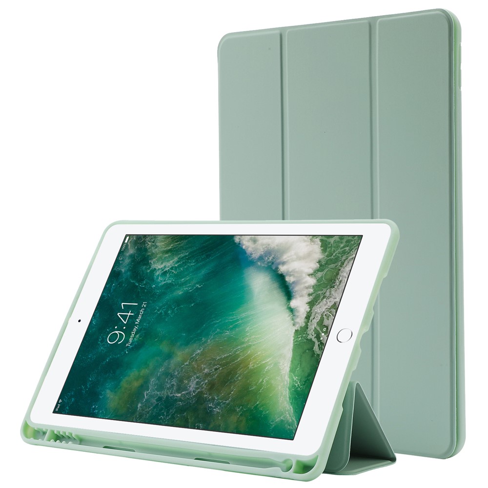 For iPad 10.2 (2021) / (2020) / (2019) Skin-touch Feeling PU Leather + TPU Tri-fold Stand Cover Anti-drop Tablet Case with Pen Slot - Green