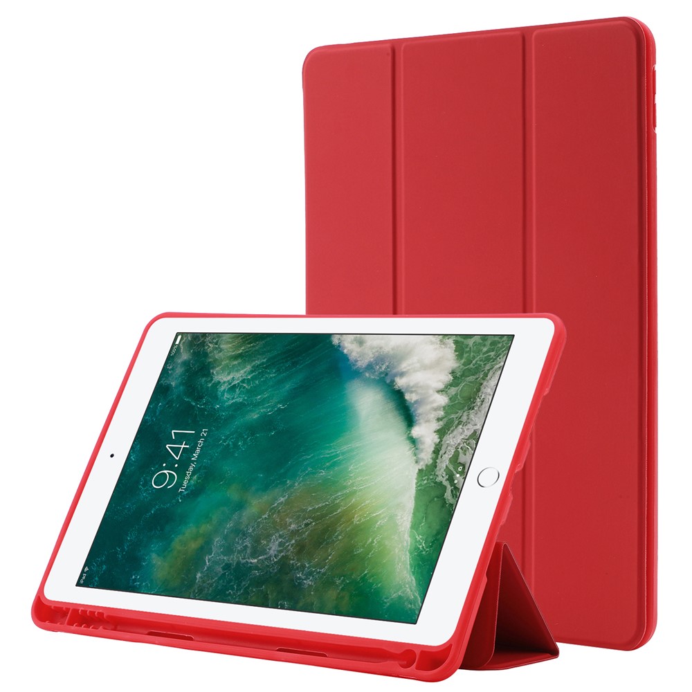 For iPad 10.2 (2021) / (2020) / (2019) Skin-touch Feeling PU Leather + TPU Tri-fold Stand Cover Anti-drop Tablet Case with Pen Slot - Red
