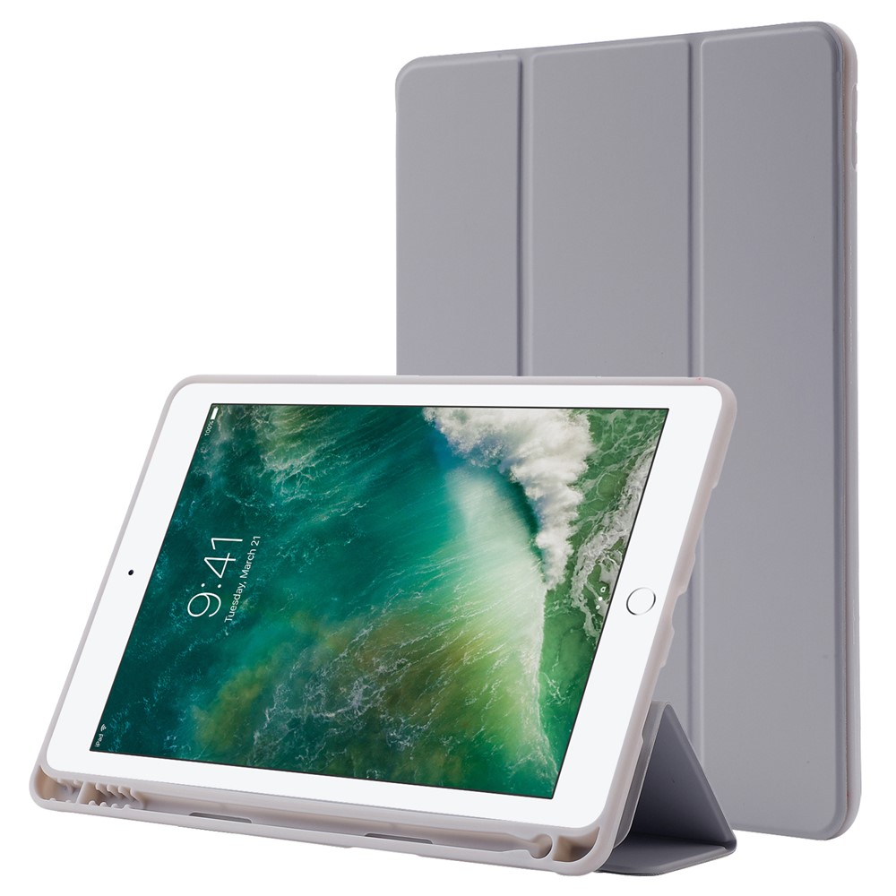 For iPad 10.2 (2021) / (2020) / (2019) Skin-touch Feeling PU Leather + TPU Tri-fold Stand Cover Anti-drop Tablet Case with Pen Slot - Grey