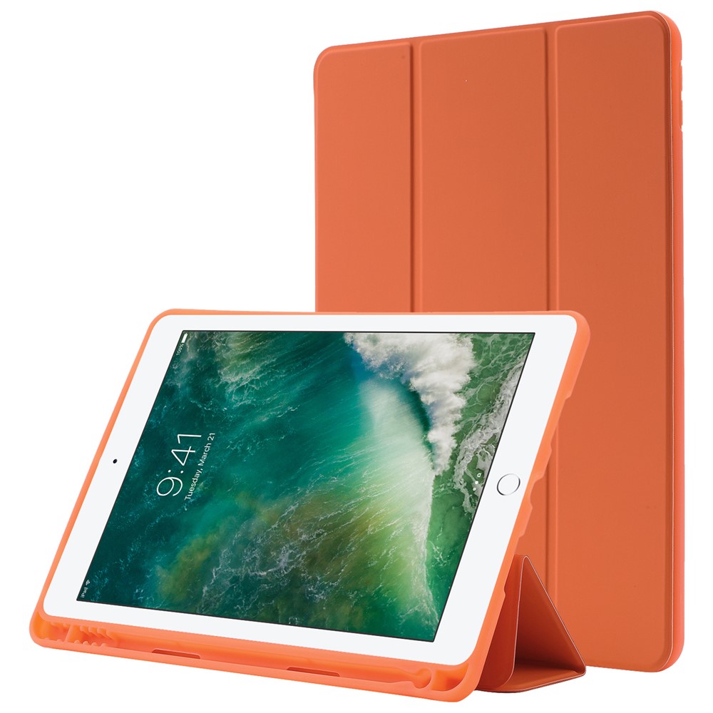 For iPad 10.2 (2021) / (2020) / (2019) Skin-touch Feeling PU Leather + TPU Tri-fold Stand Cover Anti-drop Tablet Case with Pen Slot - Orange