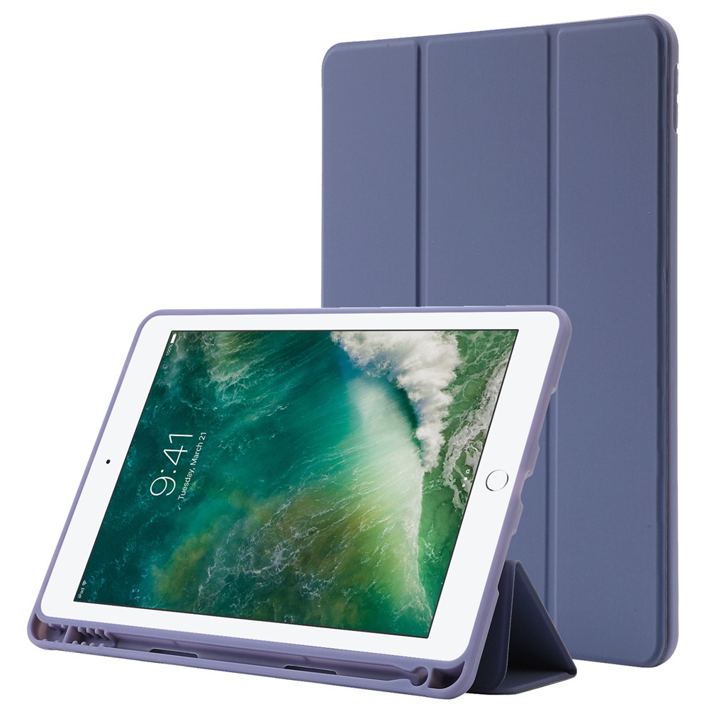 For iPad 10.2 (2021) / (2020) / (2019) Skin-touch Feeling PU Leather + TPU Tri-fold Stand Cover Anti-drop Tablet Case with Pen Slot - Purple