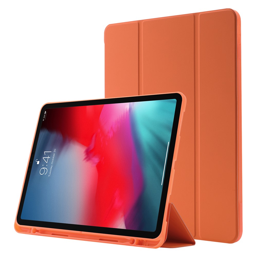For iPad Pro 11 (2022) / (2021) / (2020) / (2018) Tri-fold Stand Skin-touch PU Leather Tablet Case Shockproof Auto Wake / Sleep Cover with Pen Slot - Orange