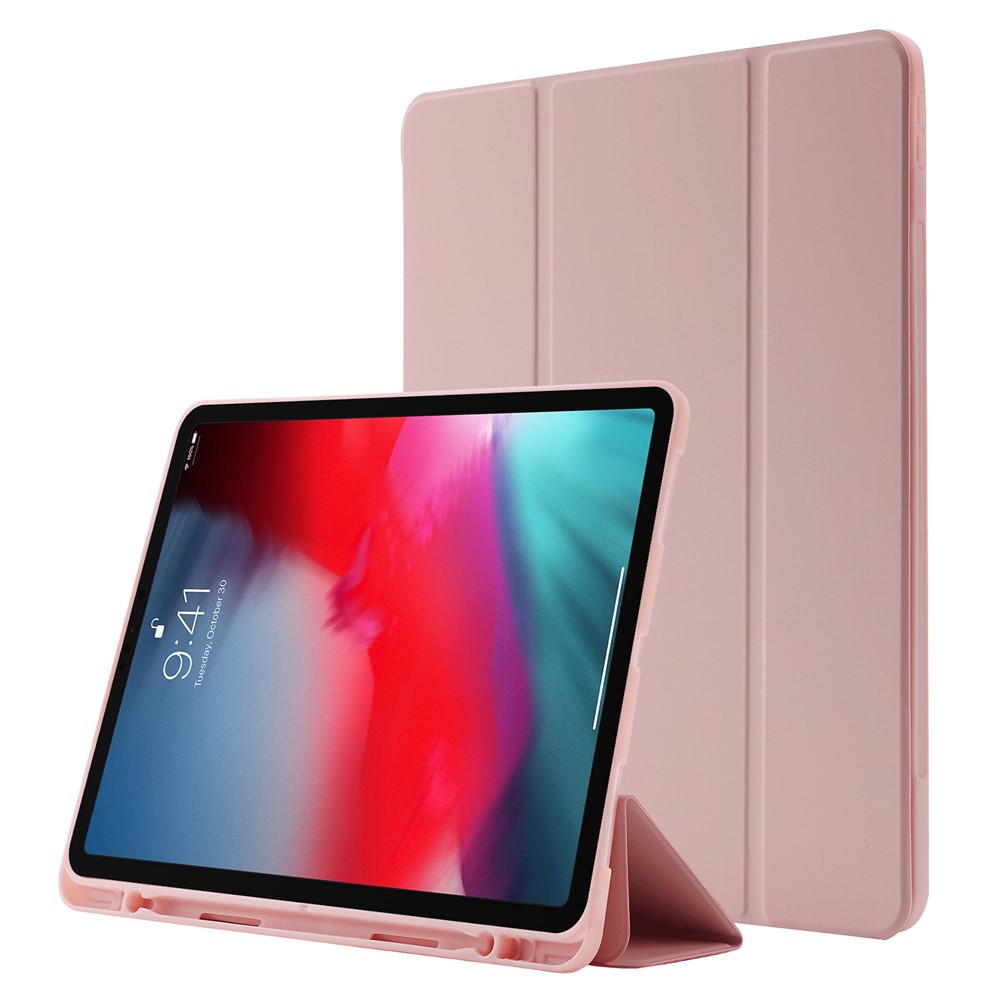 For iPad Pro 11 (2022) / (2021) / (2020) / (2018) Tri-fold Stand Skin-touch PU Leather Tablet Case Shockproof Auto Wake / Sleep Cover with Pen Slot - Rose Gold