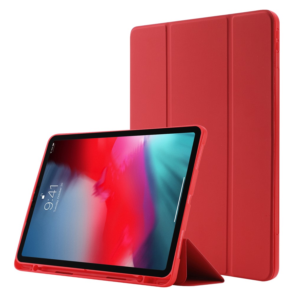 For iPad Pro 11 (2022) / (2021) / (2020) / (2018) Tri-fold Stand Skin-touch PU Leather Tablet Case Shockproof Auto Wake / Sleep Cover with Pen Slot - Red