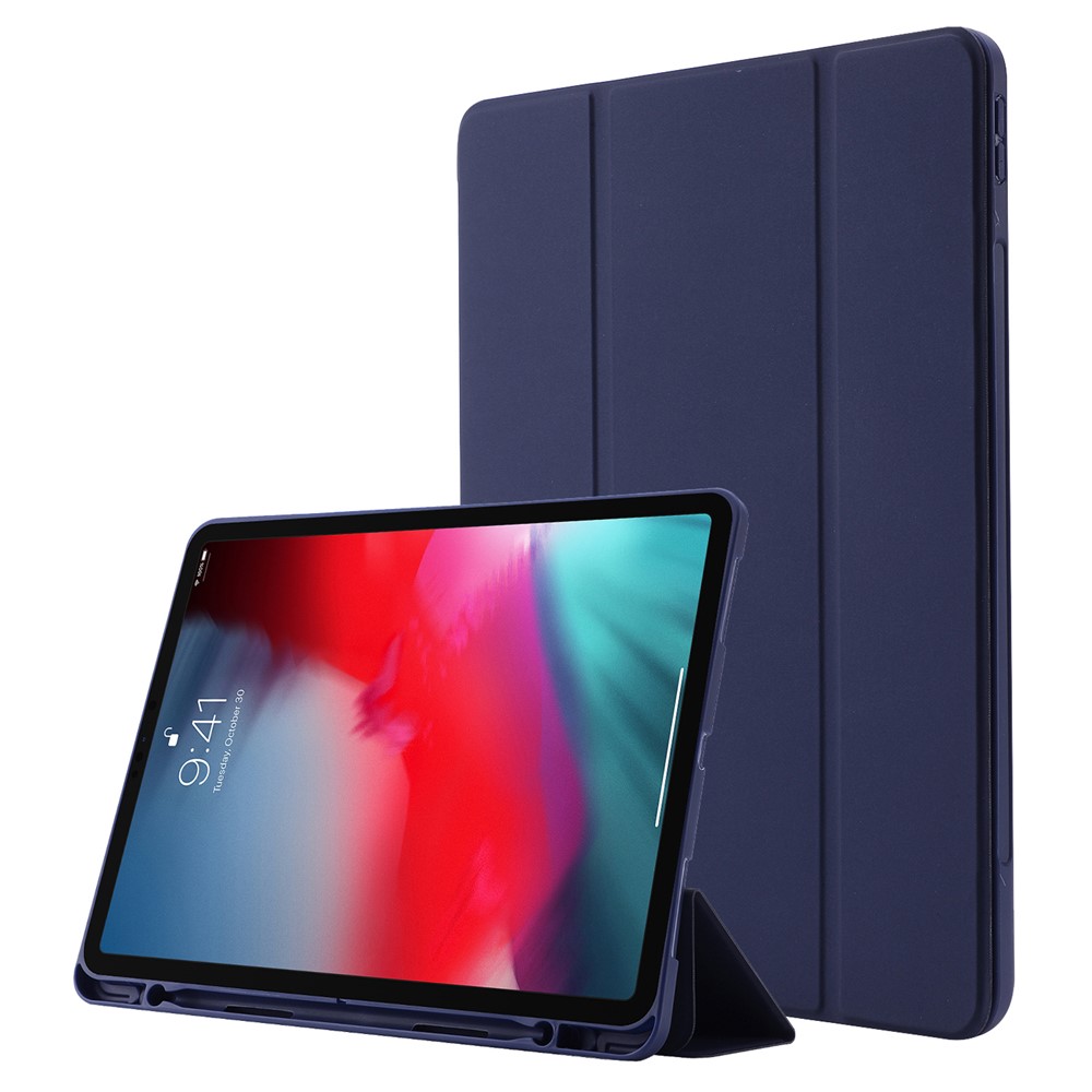 For iPad Pro 11 (2022) / (2021) / (2020) / (2018) Tri-fold Stand Skin-touch PU Leather Tablet Case Shockproof Auto Wake / Sleep Cover with Pen Slot - Dark Blue