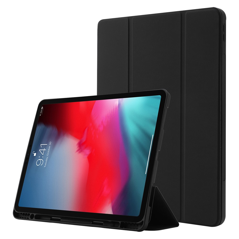 For iPad Pro 12.9 (2022) / (2021) / (2020) Skin-touch PU Leather Case Full Protection Tri-fold Stand Tablet Cover with Auto Wake / Sleep Cover and Pen Slot - Black