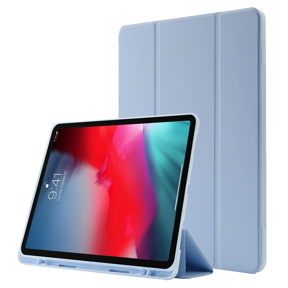 For iPad Pro 12.9 (2022) / (2021) / (2020) Skin-touch PU Leather Case Full Protection Tri-fold Stand Tablet Cover with Auto Wake / Sleep Cover and Pen Slot - Baby Blue