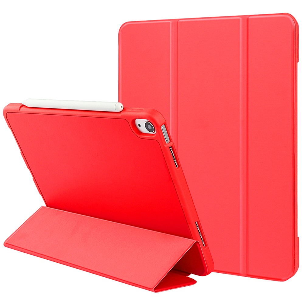 For iPad (2025) / 10.9 (2022) Drop-Proof Tri-Fold Tablet Cover Stand Microfiber Leather + TPU + Silicone Tablet Case - Red