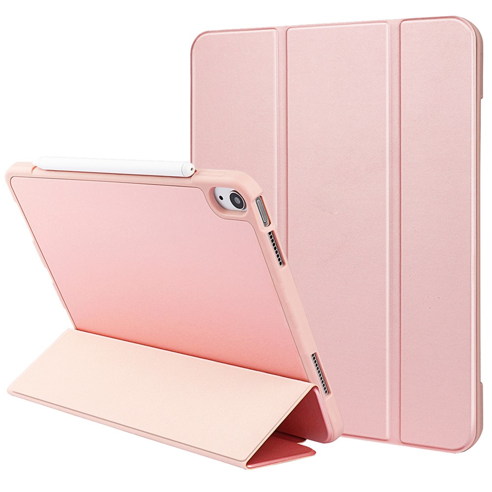 For iPad (2025) / 10.9 (2022) Drop-Proof Tri-Fold Tablet Cover Stand Microfiber Leather + TPU + Silicone Tablet Case - Pink
