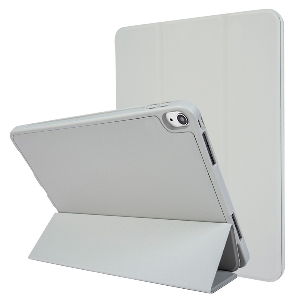 For iPad (2025) / 10.9 (2022) Drop-Proof Tri-Fold Tablet Cover Stand Microfiber Leather + TPU + Silicone Tablet Case - Grey