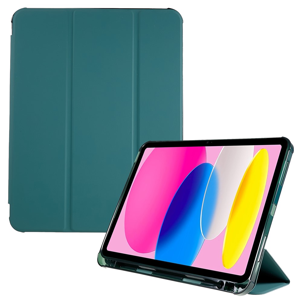For iPad (2025) / 10.9 (2022) PU Leather Shockproof Trifold Stand Cover Smart Auto Wake / Sleep Tablet Case  with Pen Slot - Blackish Green