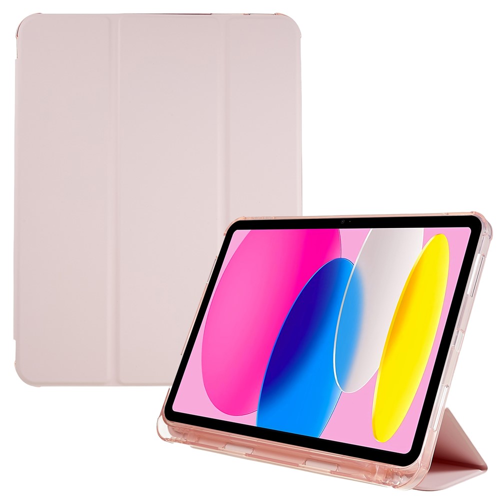 For iPad (2025) / 10.9 (2022) PU Leather Shockproof Trifold Stand Cover Smart Auto Wake / Sleep Tablet Case with Pen Slot - Pink