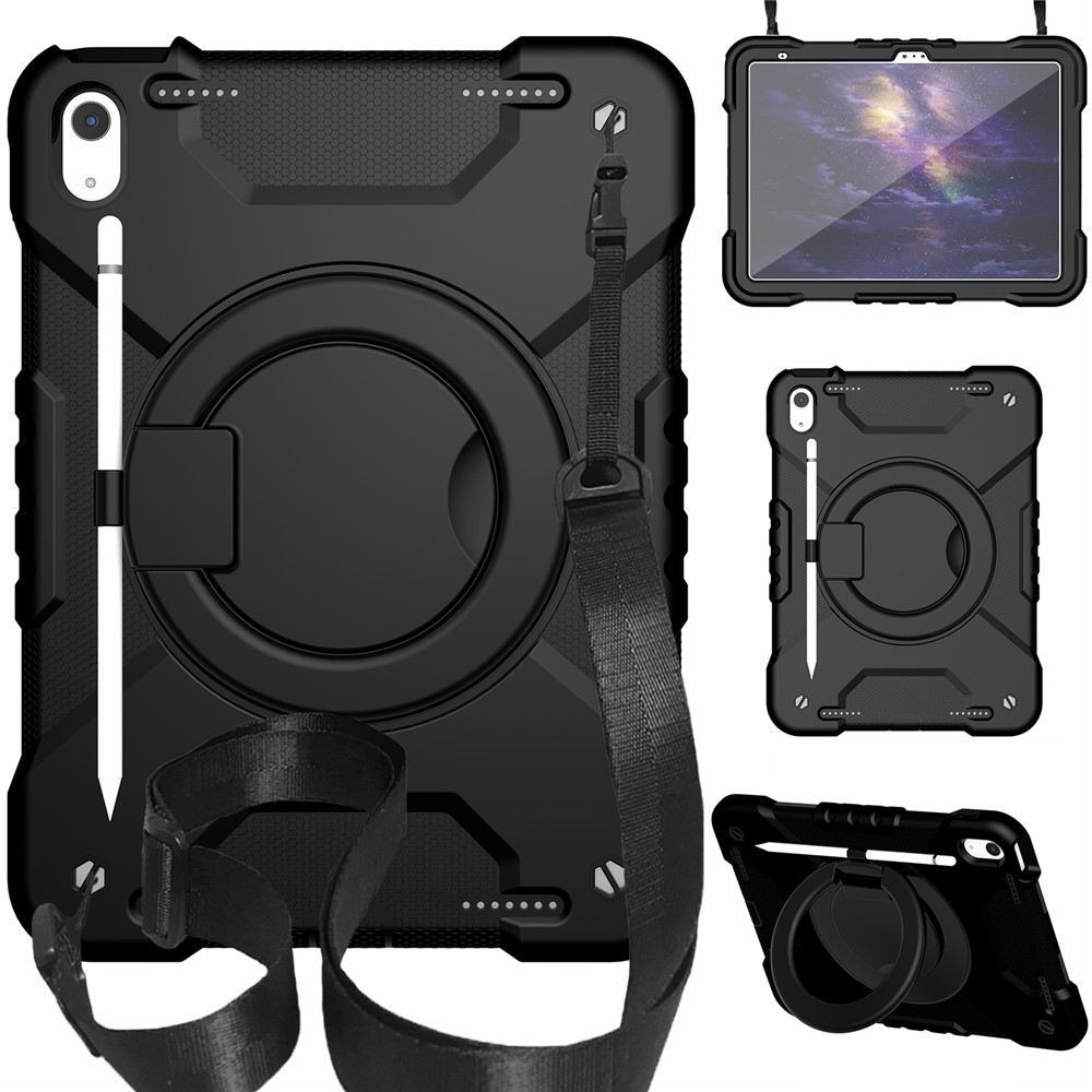 For iPad (2025) / 10.9 (2022) Shockproof Tablet Case Rotary Kickstand PC + Silicone Tablet Cover with Shoulder Strap - All Back