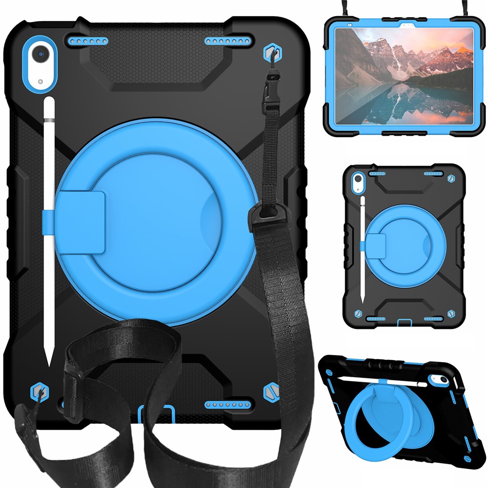 For iPad (2025) / 10.9 (2022) Shockproof Tablet Case Rotary Kickstand PC + Silicone Tablet Cover with Shoulder Strap - Black / Blue