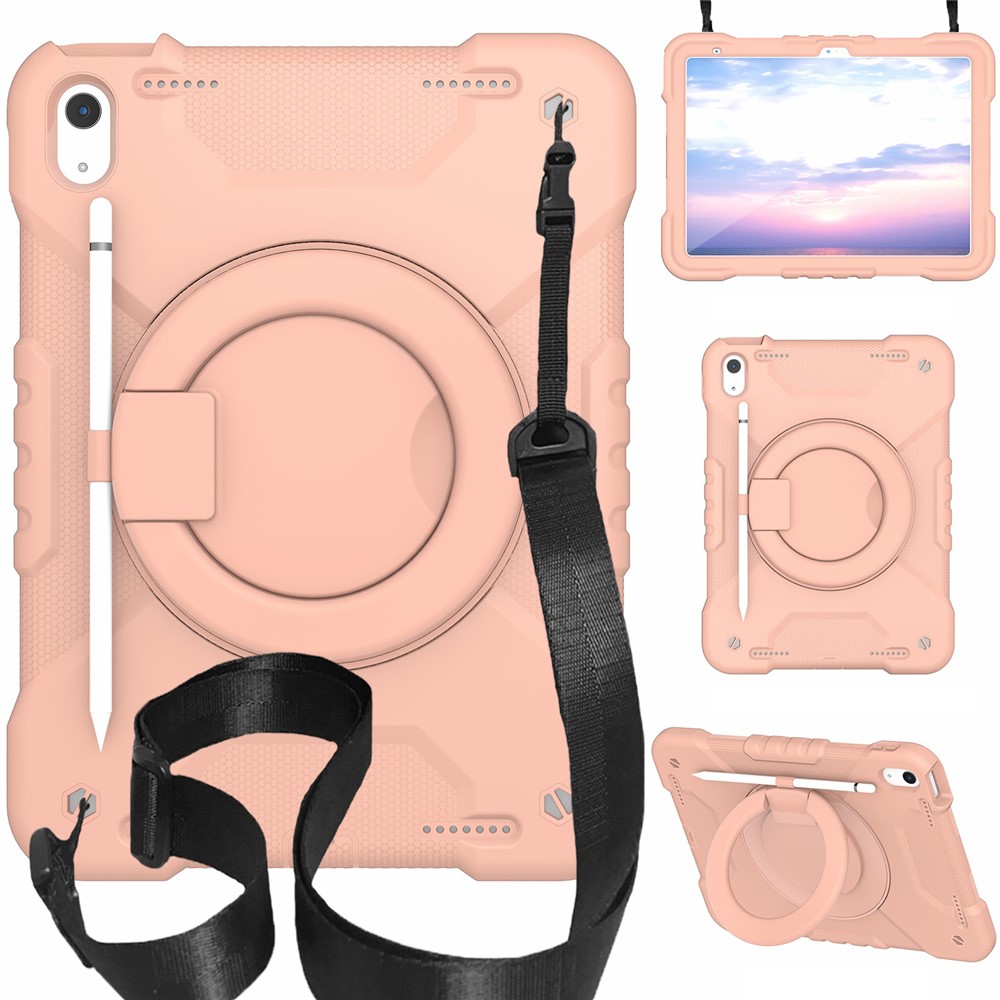For iPad (2025) / 10.9 (2022) Shockproof Tablet Case Rotary Kickstand PC + Silicone Tablet Cover with Shoulder Strap - Rose Gold