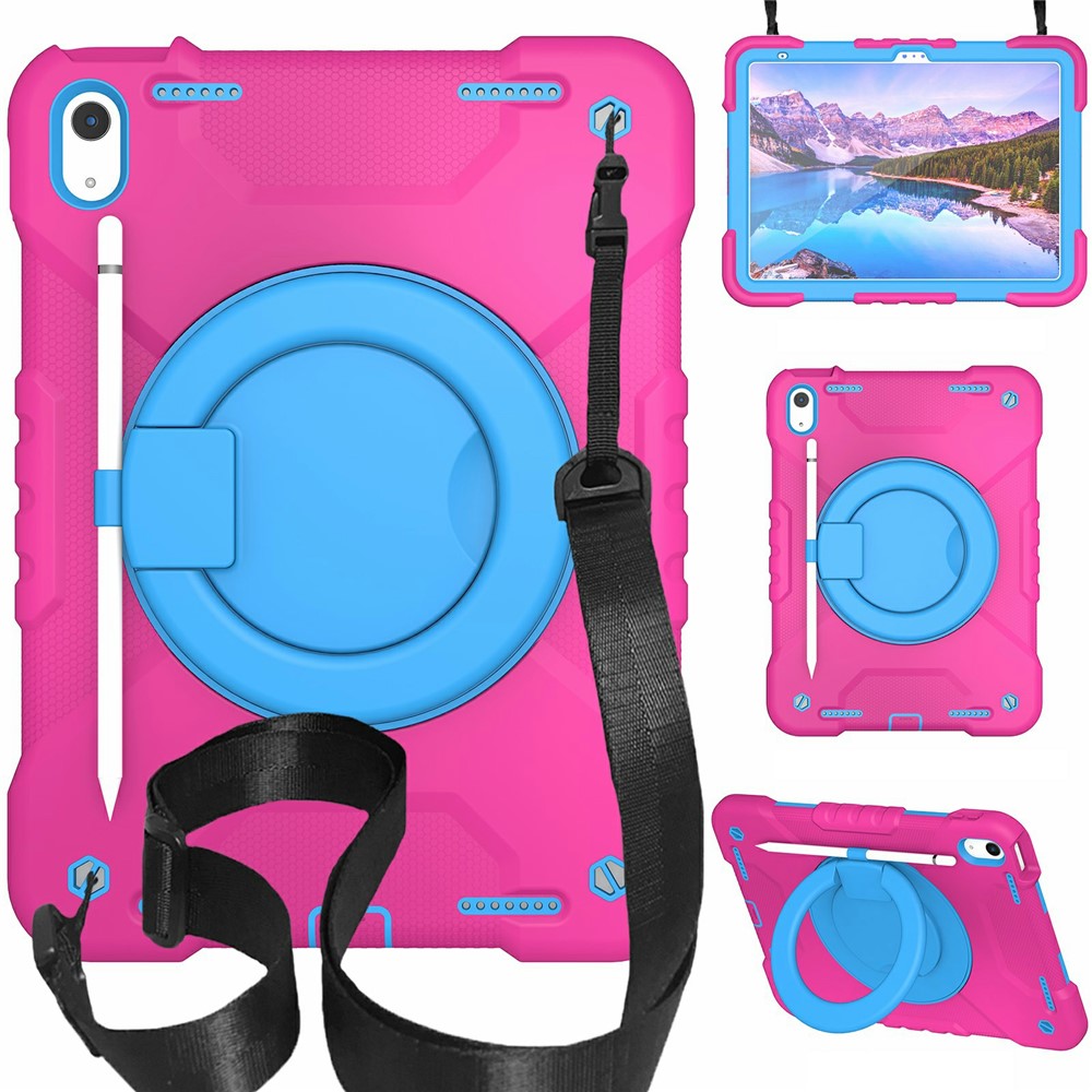 For iPad (2025) / 10.9 (2022) Shockproof Tablet Case Rotary Kickstand PC + Silicone Tablet Cover with Shoulder Strap - Rose+Blue