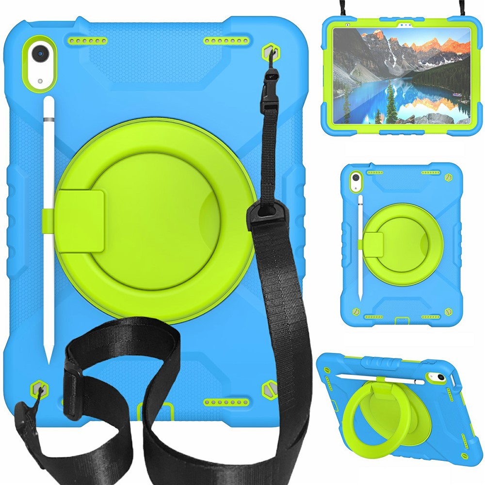 For iPad (2025) / 10.9 (2022) Shockproof Tablet Case Rotary Kickstand PC + Silicone Tablet Cover with Shoulder Strap - Blue+Green
