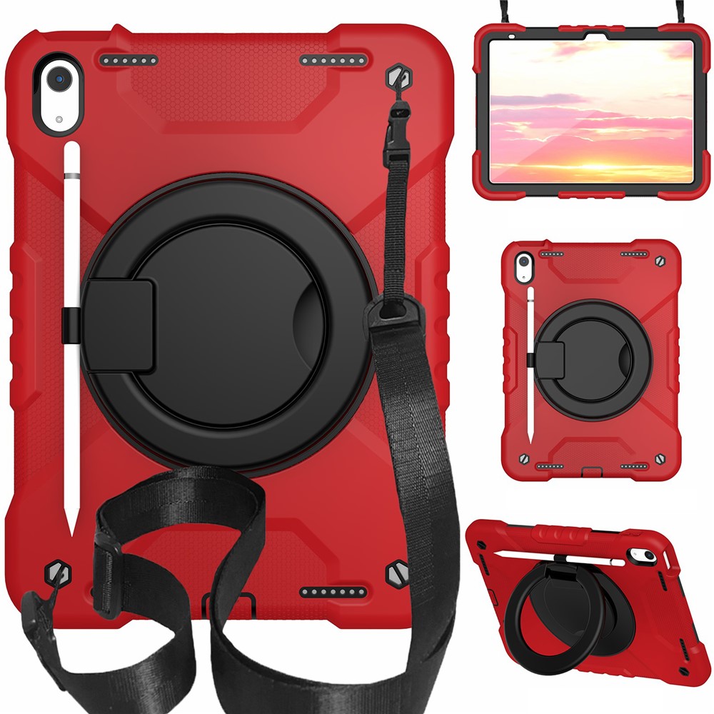 For iPad (2025) / 10.9 (2022) Shockproof Tablet Case Rotary Kickstand PC + Silicone Tablet Cover with Shoulder Strap - Red+Black