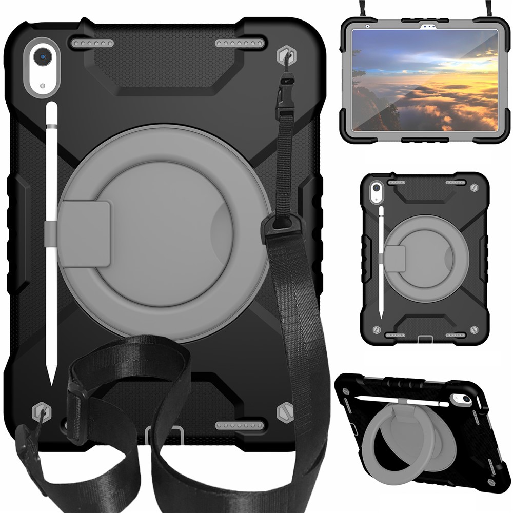 For iPad (2025) / 10.9 (2022) Shockproof Tablet Case Rotary Kickstand PC + Silicone Tablet Cover with Shoulder Strap - Black+Grey
