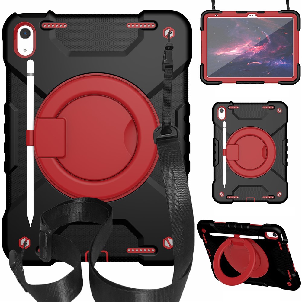 For iPad (2025) / 10.9 (2022) Shockproof Tablet Case Rotary Kickstand PC + Silicone Tablet Cover with Shoulder Strap - Black / Red
