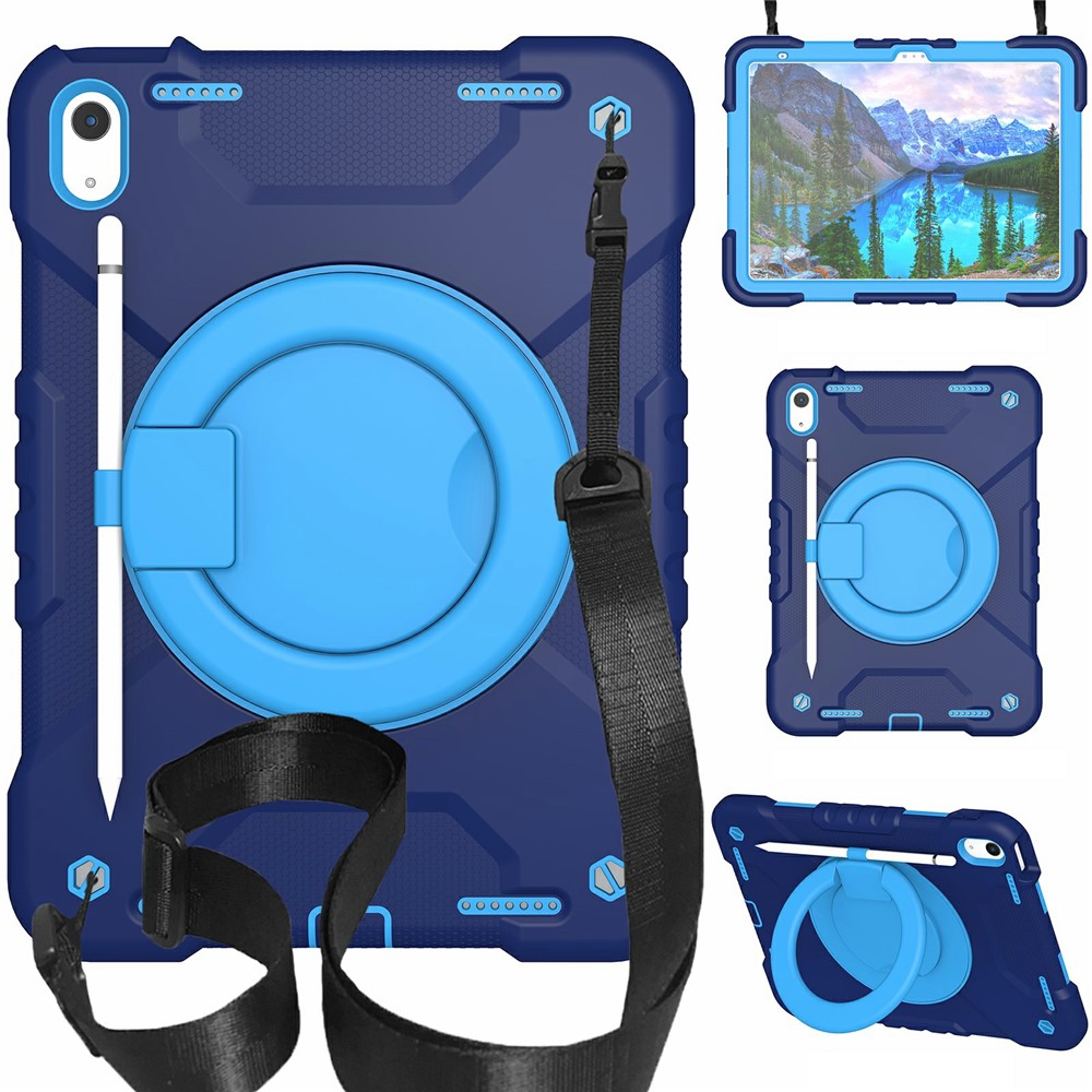 For iPad (2025) / 10.9 (2022) Shockproof Tablet Case Rotary Kickstand PC + Silicone Tablet Cover with Shoulder Strap - Dark Blue+Blue