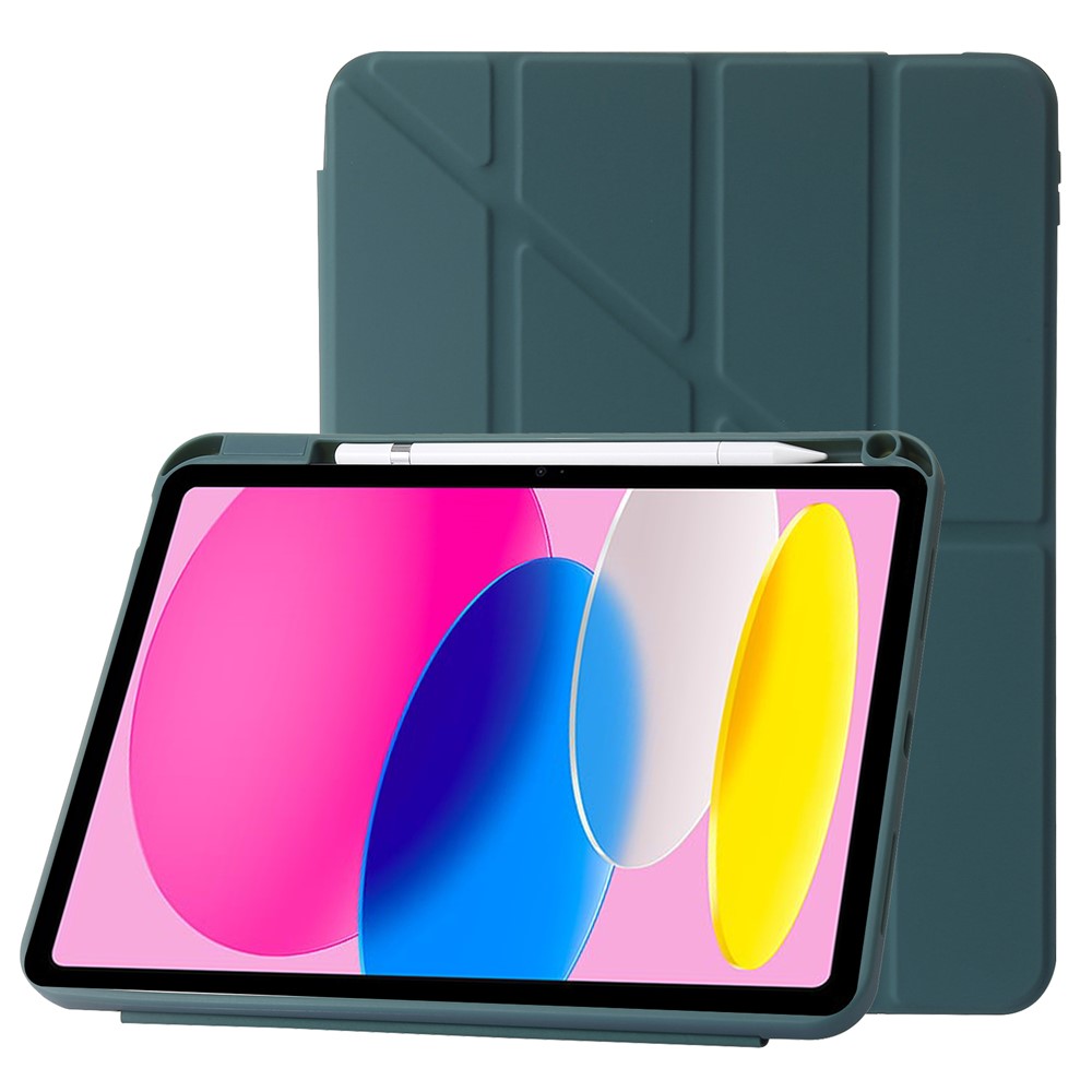 Origami Stand Tablet Cover for iPad (2025) / 10.9 (2022) Auto Wake / Sleep PU Leather + Acrylic Full Protection Case - Midnight Green