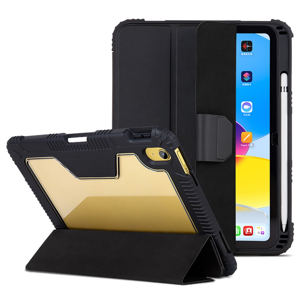 For iPad (2025) / 10.9 (2022) Trifold Stand Tablet Case PU Leather+TPU+ PC Cover with Pen Slot - Black