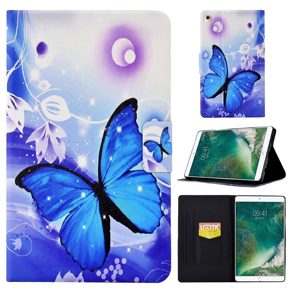 For iPad 10.2 (2021) / (2020) / (2019) / iPad Pro 10.5-inch (2017) Adjustable Stand Auto Wake / Sleep Tablet Case Pattern Printing PU Leather Card Slot Protective Cover - Blue Butterfly