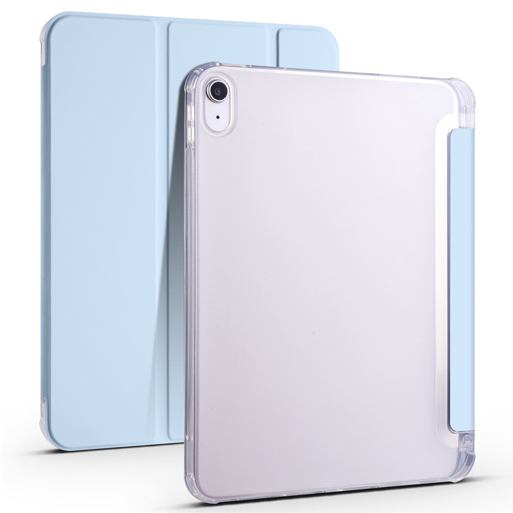 For iPad (2025) / 10.9 (2022) Tri-Fold Stand PU Leather Cover Transparent TPU Tablet Case with Pen Slot - Blue