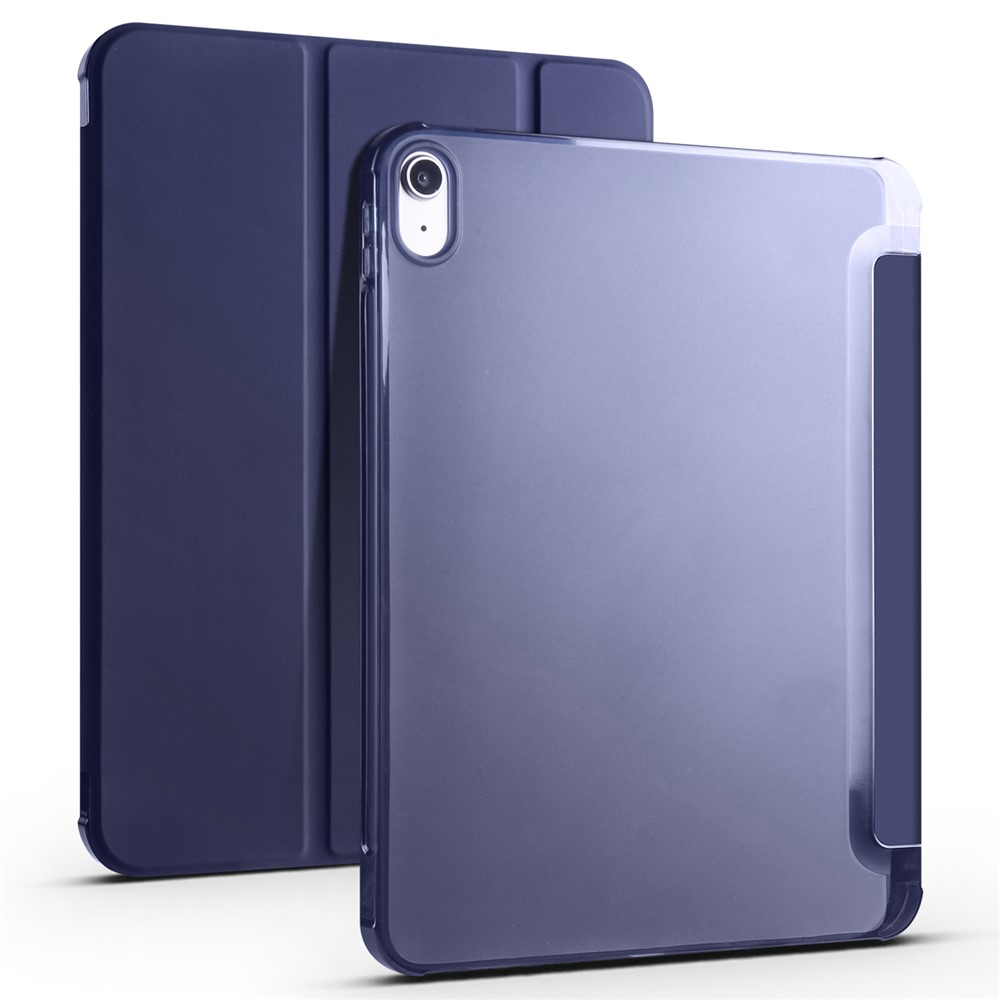 For iPad (2025) / 10.9 (2022) Tri-Fold Stand PU Leather Cover Transparent TPU Tablet Case with Pen Slot - Dark Blue