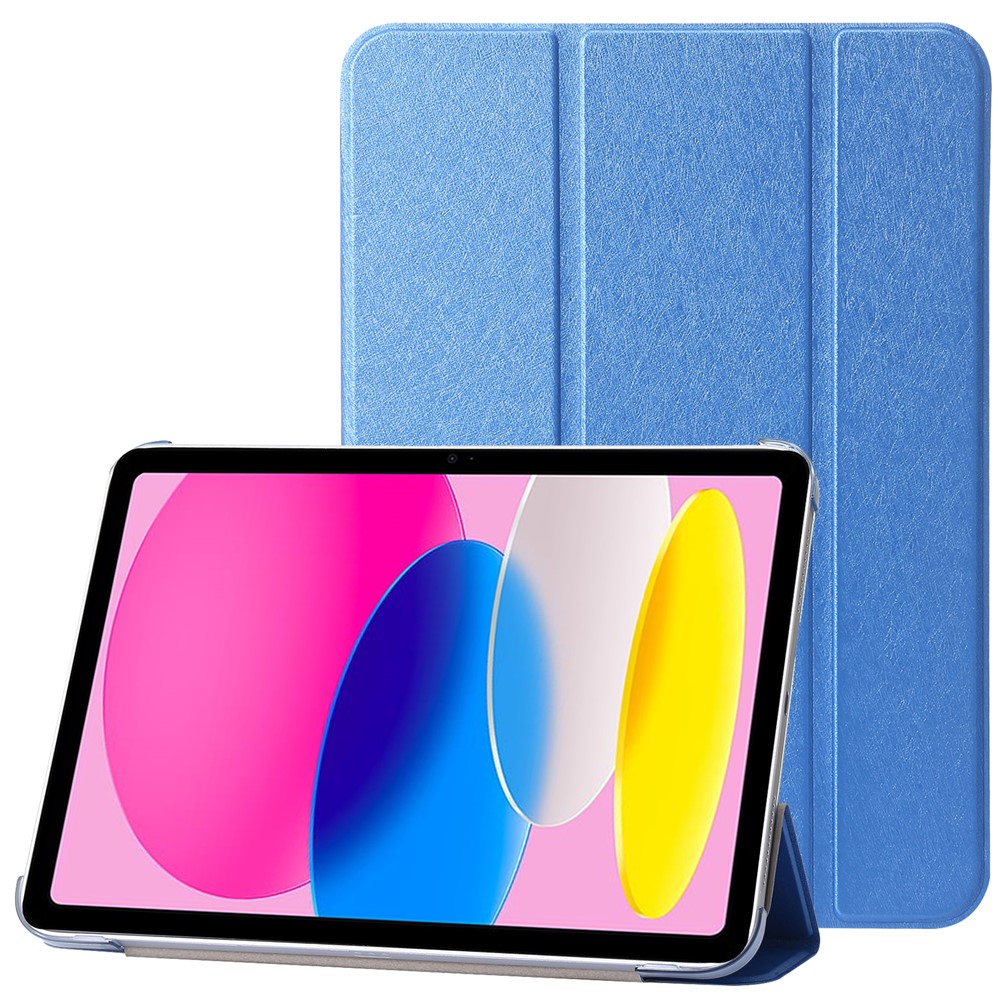 For iPad (2025) / 10.9 (2022) Silk Texture Protective Case PU Leather+PC Tri-Fold Stand Drop-Proof Cover - Blue
