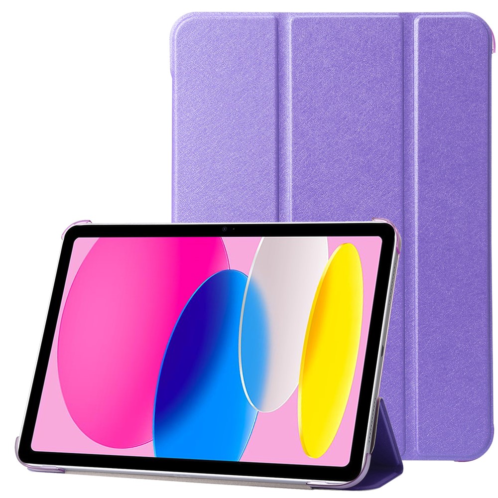 For iPad (2025) / 10.9 (2022) Silk Texture Protective Case PU Leather+PC Tri-Fold Stand Drop-Proof Cover - Purple