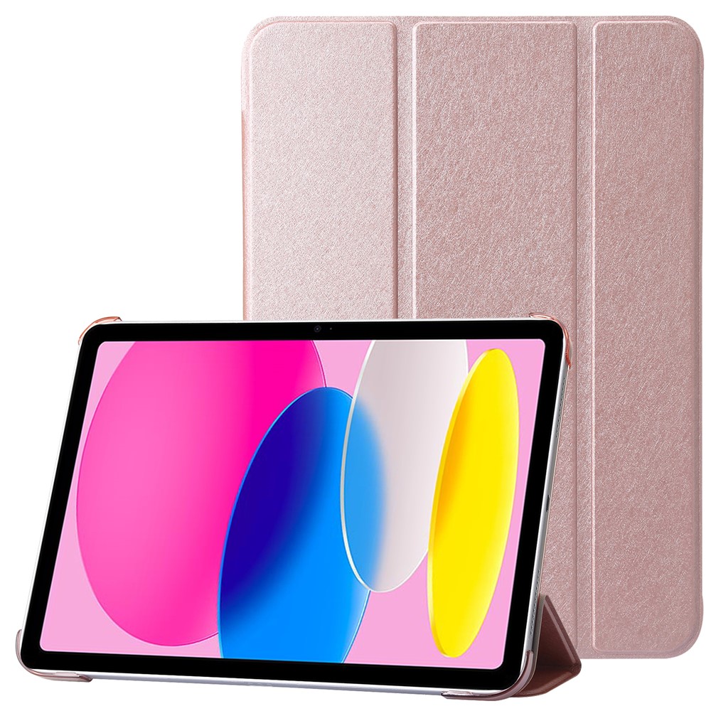 For iPad (2025) / 10.9 (2022) Silk Texture Protective Case PU Leather+PC Tri-Fold Stand Drop-Proof Cover - Rose Gold