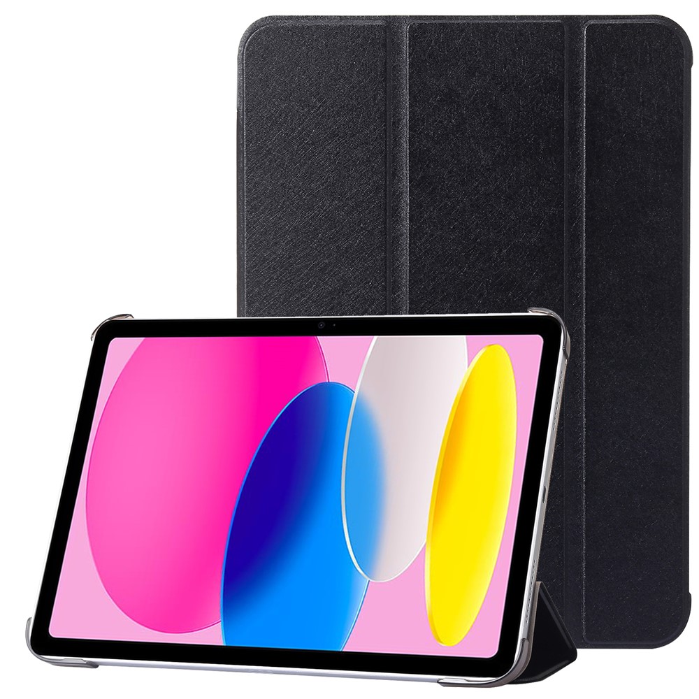 For iPad (2025) / 10.9 (2022) Silk Texture Protective Case PU Leather+PC Tri-Fold Stand Drop-Proof Cover - Black