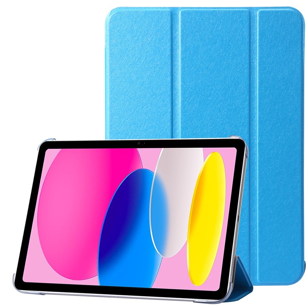 For iPad (2025) / 10.9 (2022) Silk Texture Protective Case PU Leather+PC Tri-Fold Stand Drop-Proof Cover - Baby Blue