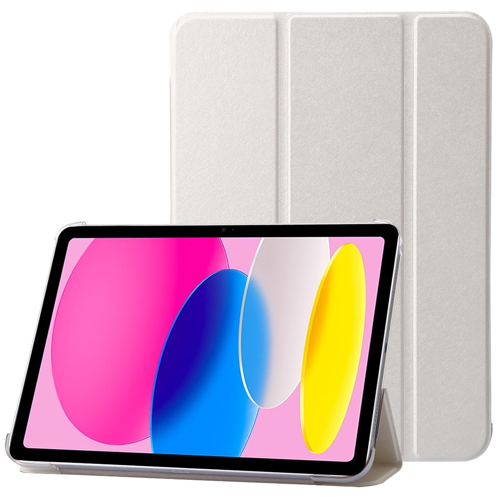 For iPad (2025) / 10.9 (2022) Silk Texture Protective Case PU Leather+PC Tri-Fold Stand Drop-Proof Cover - White