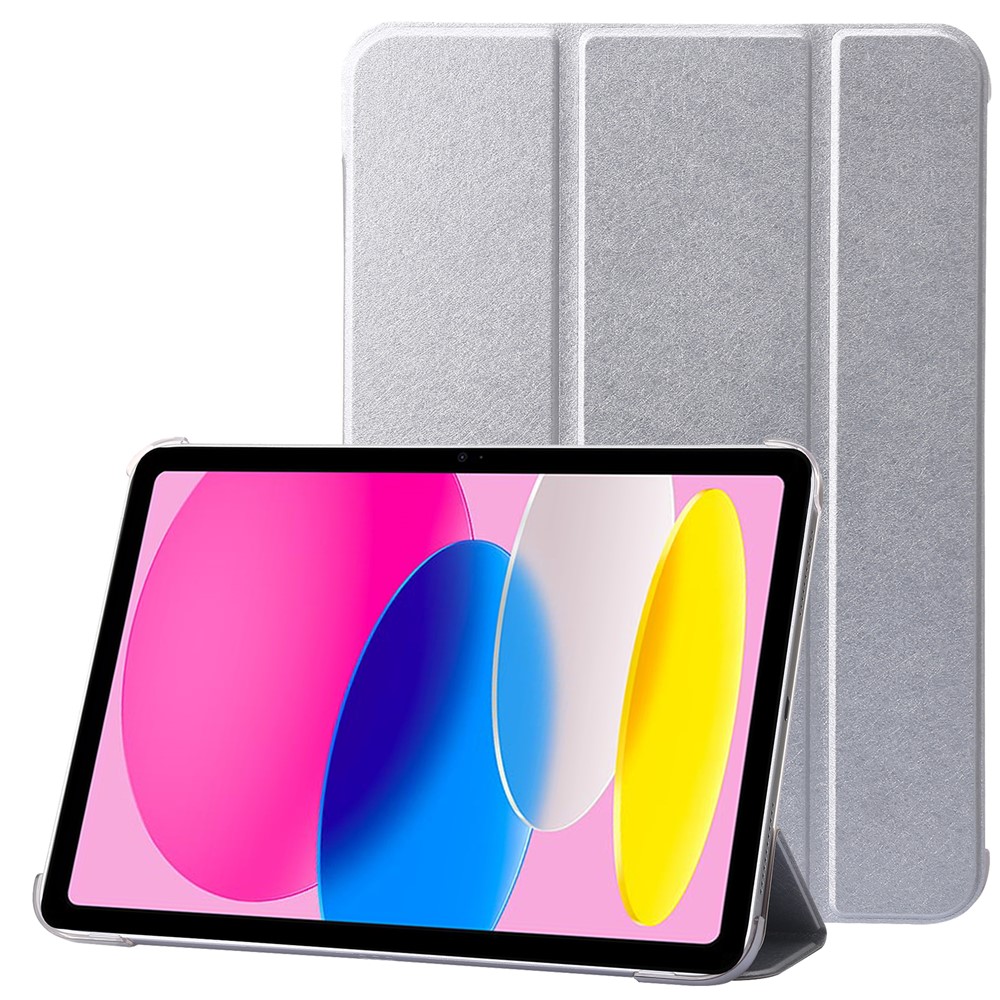 For iPad (2025) / 10.9 (2022) Silk Texture Protective Case PU Leather+PC Tri-Fold Stand Drop-Proof Cover - Silver