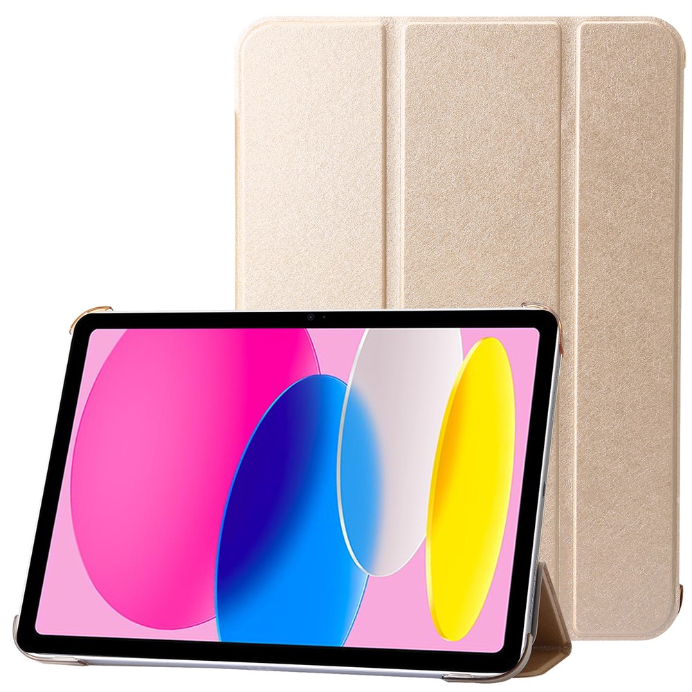 For iPad (2025) / 10.9 (2022) Silk Texture Protective Case PU Leather+PC Tri-Fold Stand Drop-Proof Cover - Gold