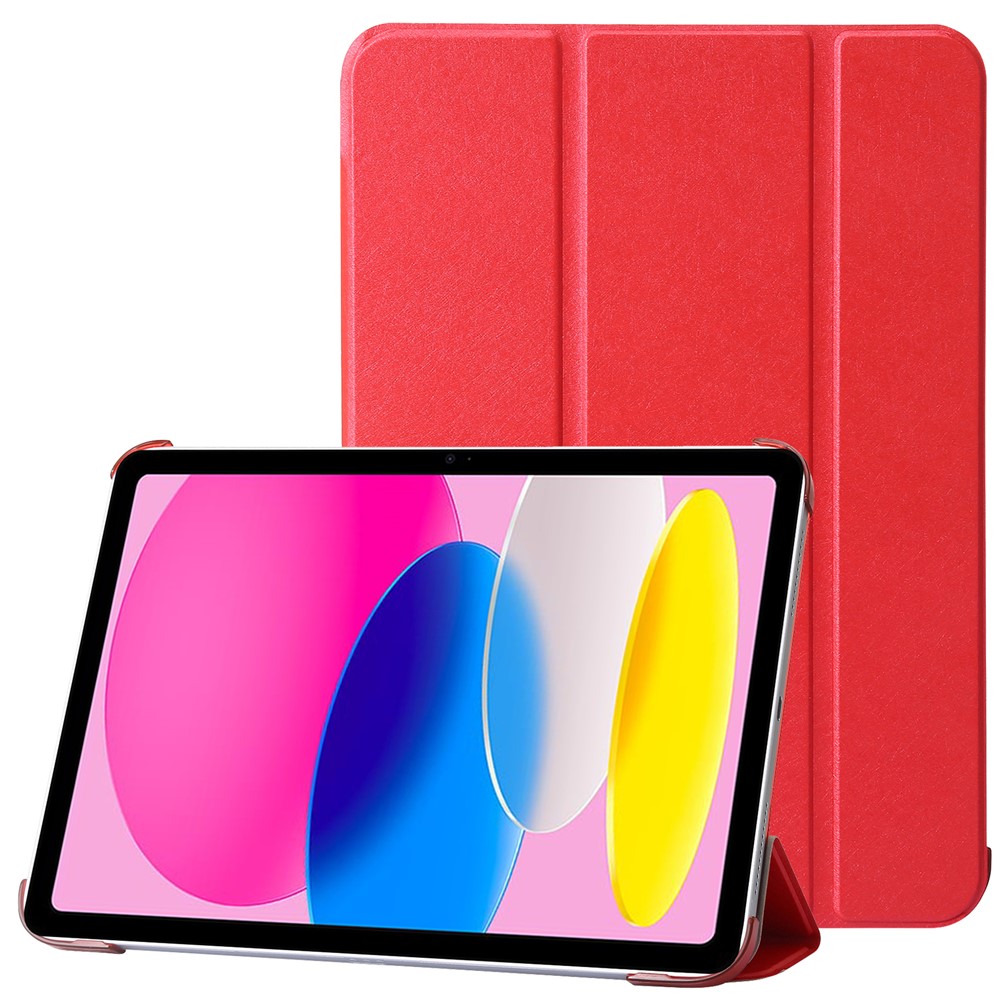 For iPad (2025) / 10.9 (2022) Silk Texture Protective Case PU Leather+PC Tri-Fold Stand Drop-Proof Cover - Red