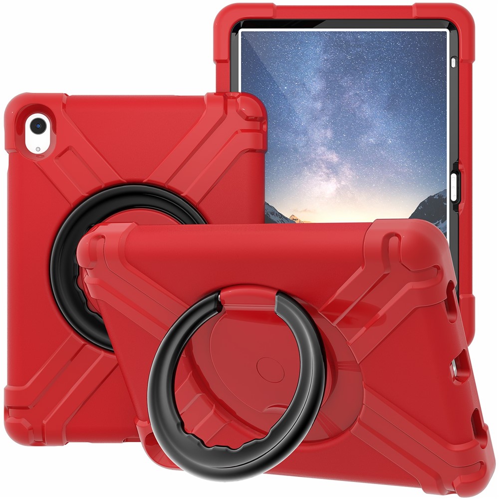 For iPad (2025) / 10.9 (2022) 360-Degree Rotation Kickstand Tablet Cover Military Anti-Drop Protection PC + TPU Case - Red / Black