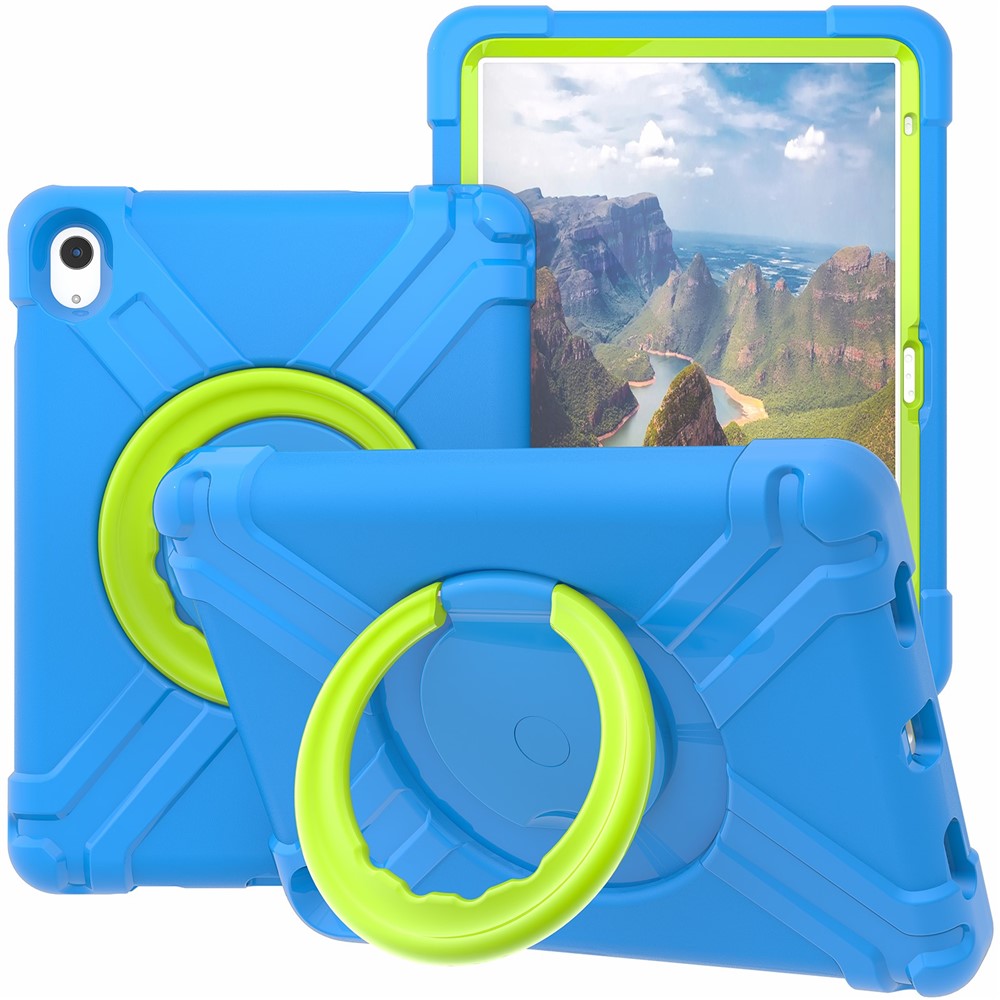 For iPad (2025) / 10.9 (2022) 360-Degree Rotation Kickstand Tablet Cover Military Anti-Drop Protection PC + TPU Case - Blue / Grass Green